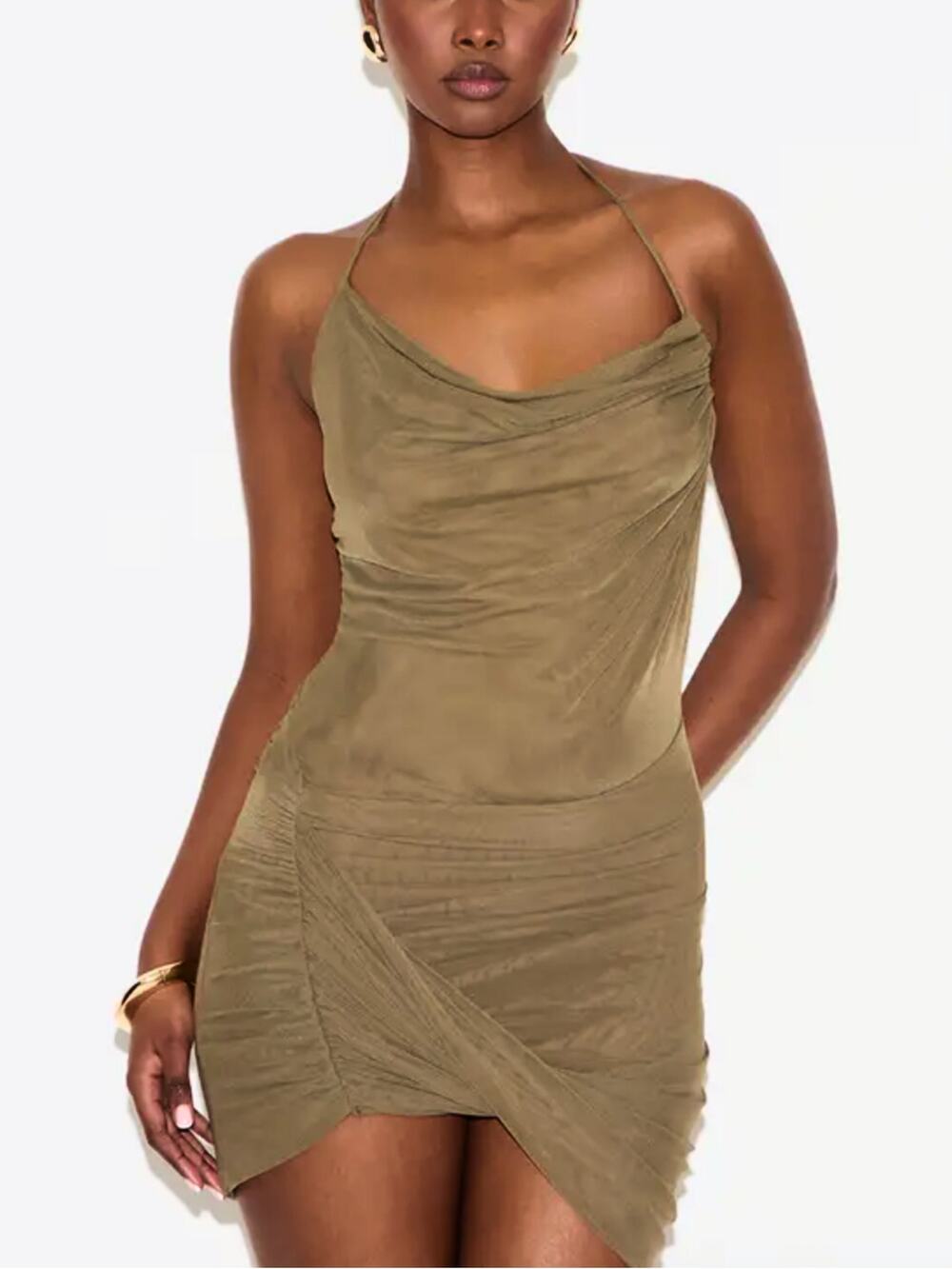 Pretty Little Thing Halter Bodycon Mini Dress Size 4 Olive Ruched Fitted Casual